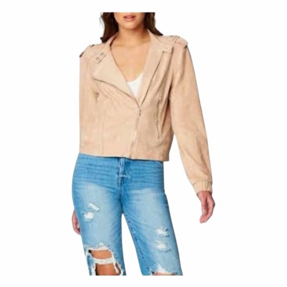 BLANKNYC Faux Suede Moto Bomber Jacket Sand Dune Tan Long Sleeve Zip-Up L - Picture 6 of 13